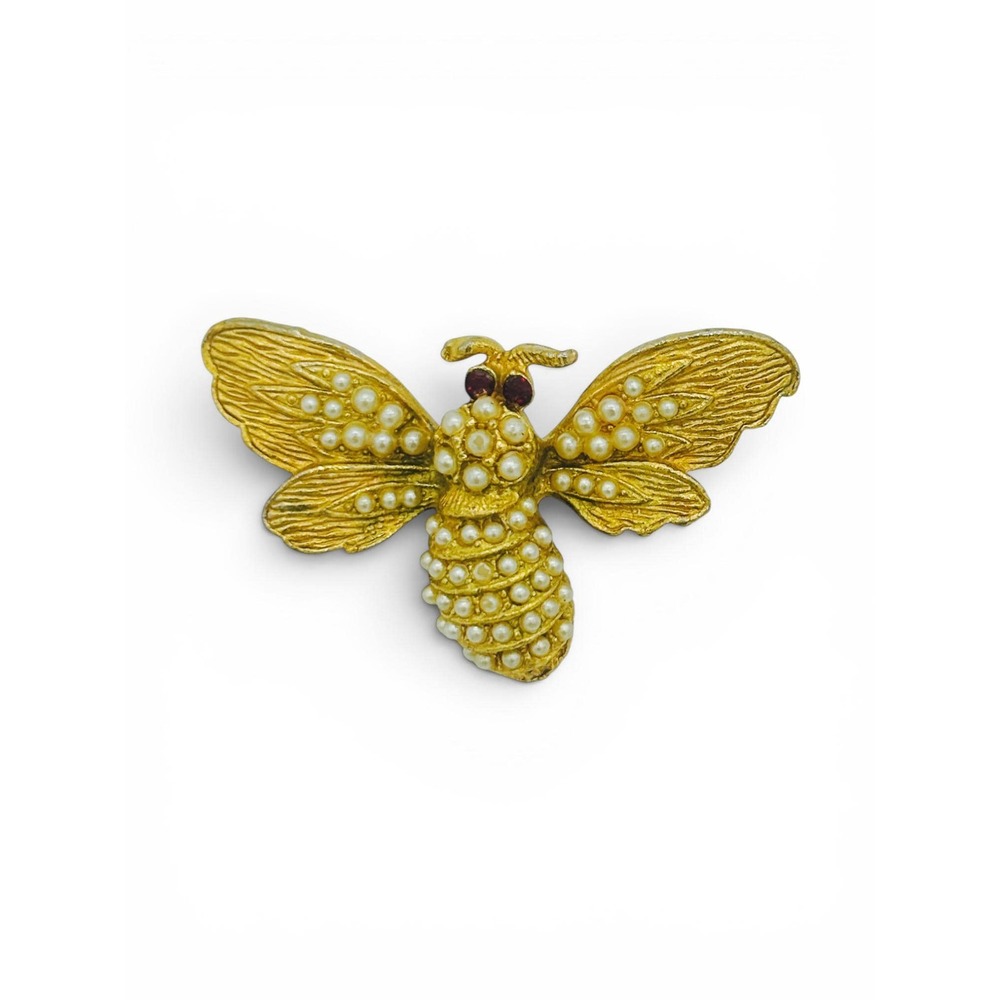 Vintage Gold-Tone Bee Brooch | Faux Seed Pearl Cabochons & Red Rhinestone Eyes - Picture 5 of 7
